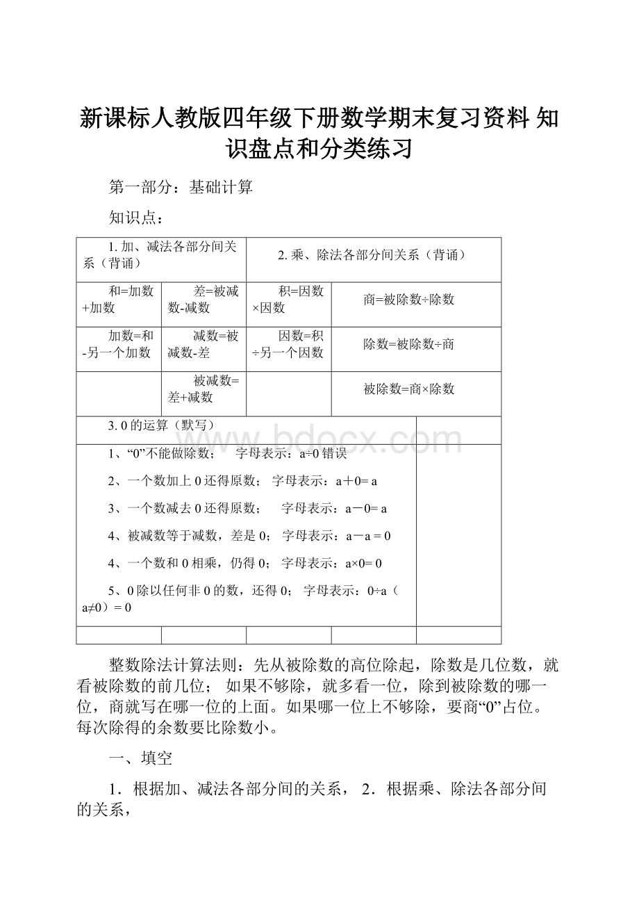 新课标人教版四年级下册数学期末复习资料 知识盘点和分类练习Word文档格式.docx_第1页