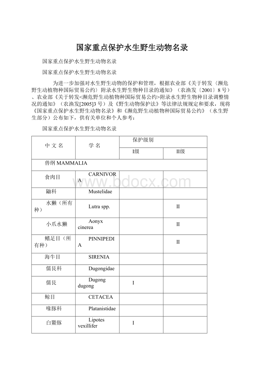 国家重点保护水生野生动物名录Word下载.docx