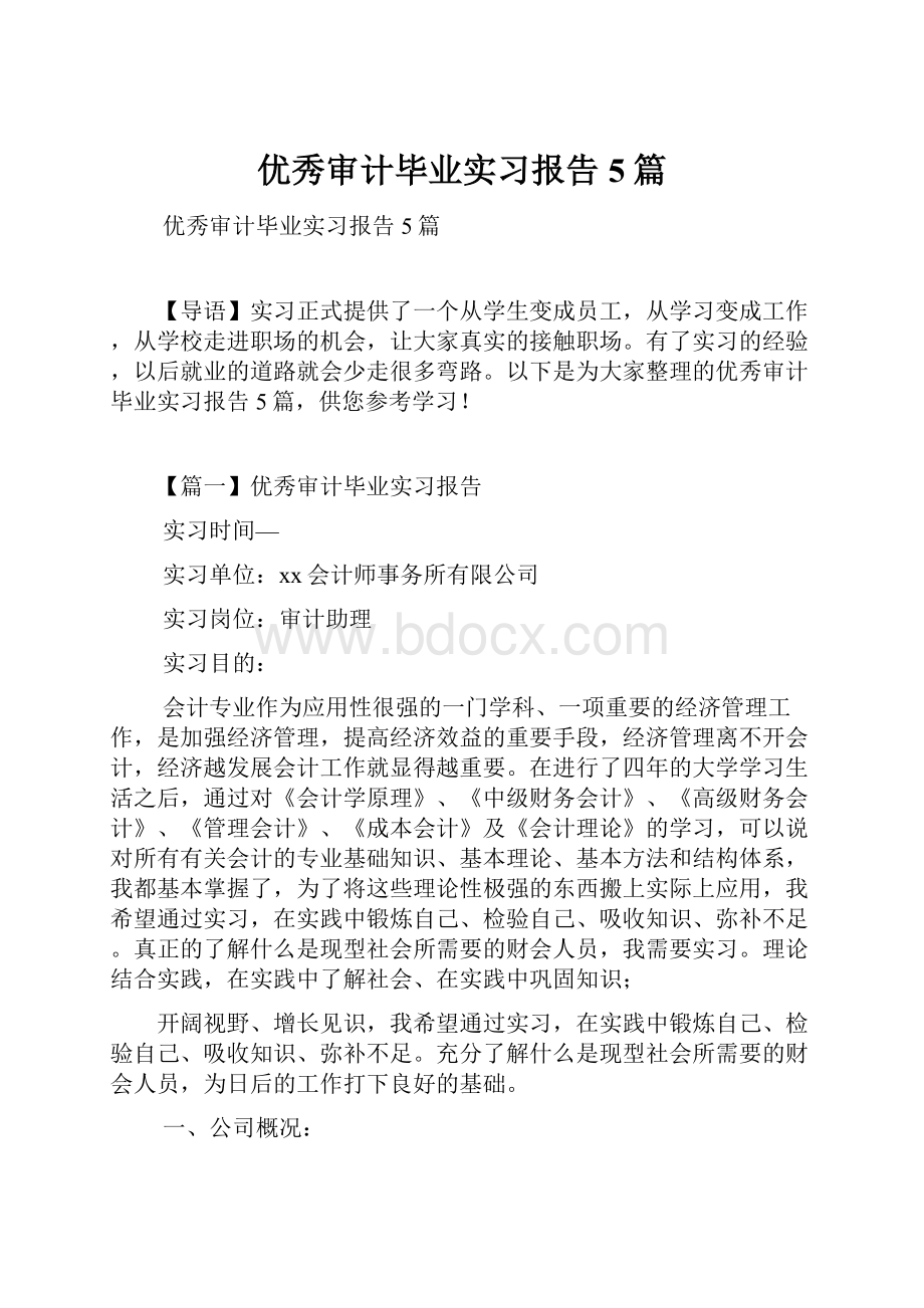 优秀审计毕业实习报告5篇Word文件下载.docx_第1页