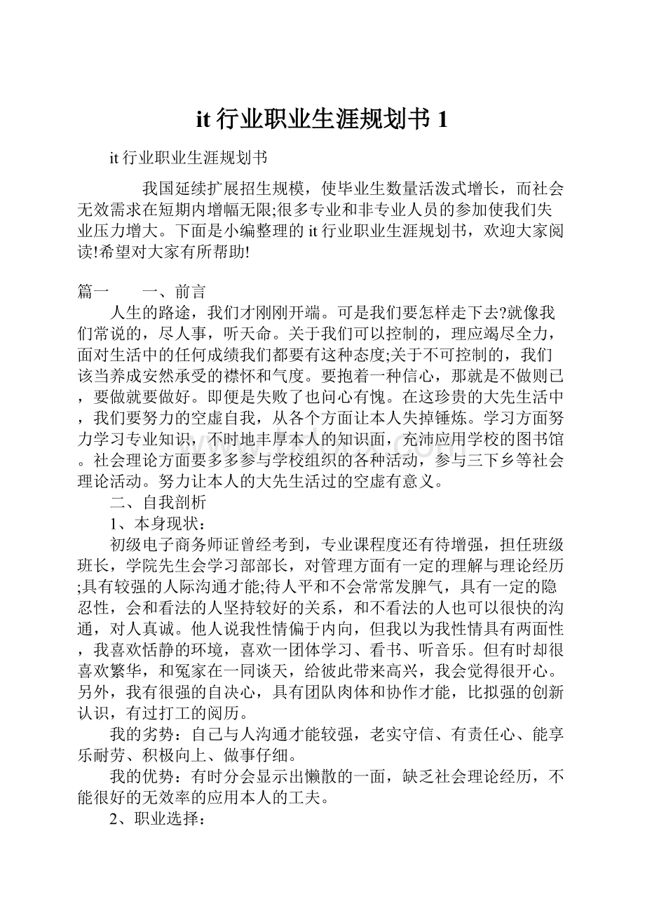 it行业职业生涯规划书1Word格式文档下载.docx_第1页