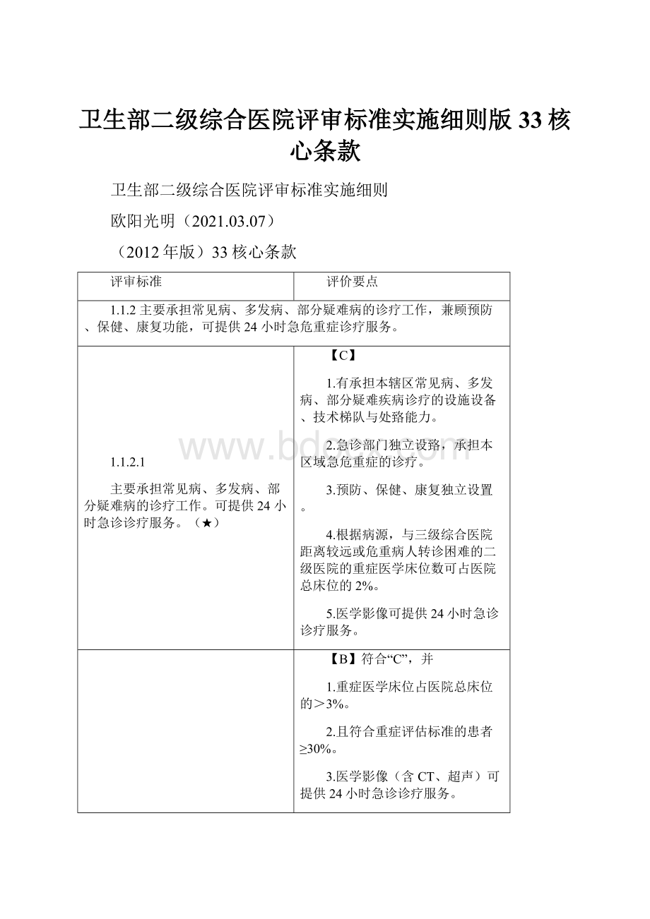 卫生部二级综合医院评审标准实施细则版33核心条款.docx