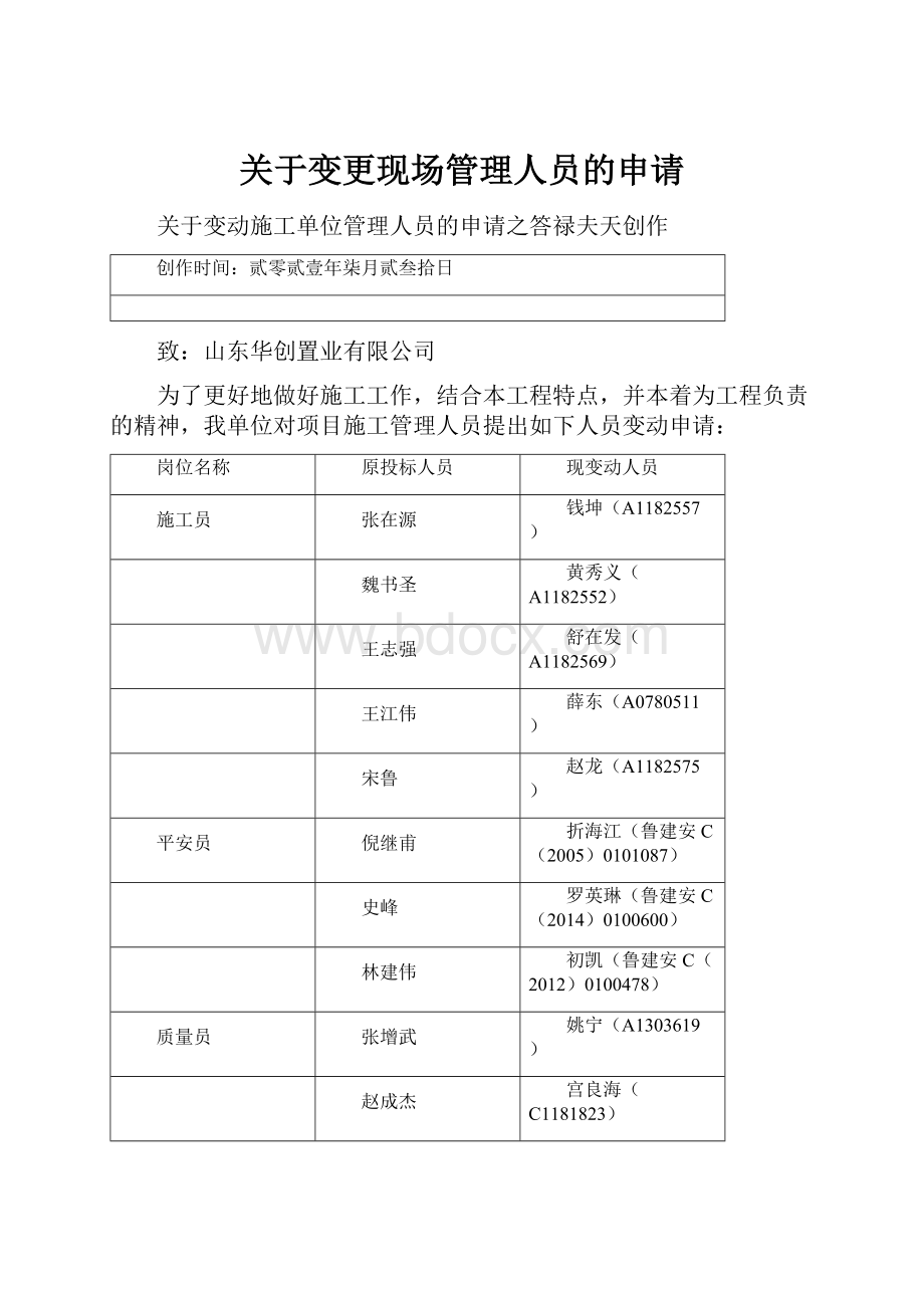 关于变更现场管理人员的申请.docx