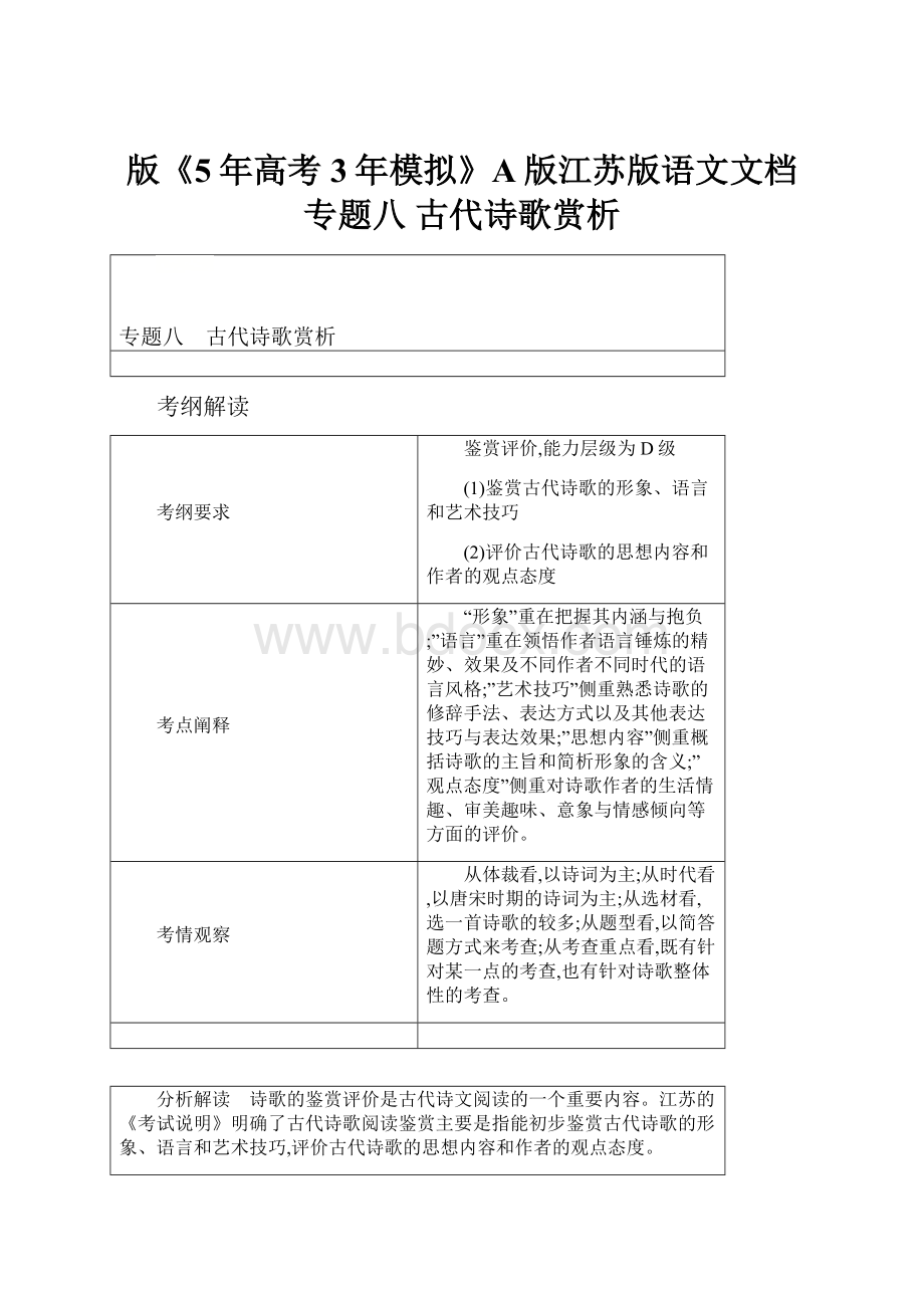 版《5年高考3年模拟》A版江苏版语文文档专题八 古代诗歌赏析.docx