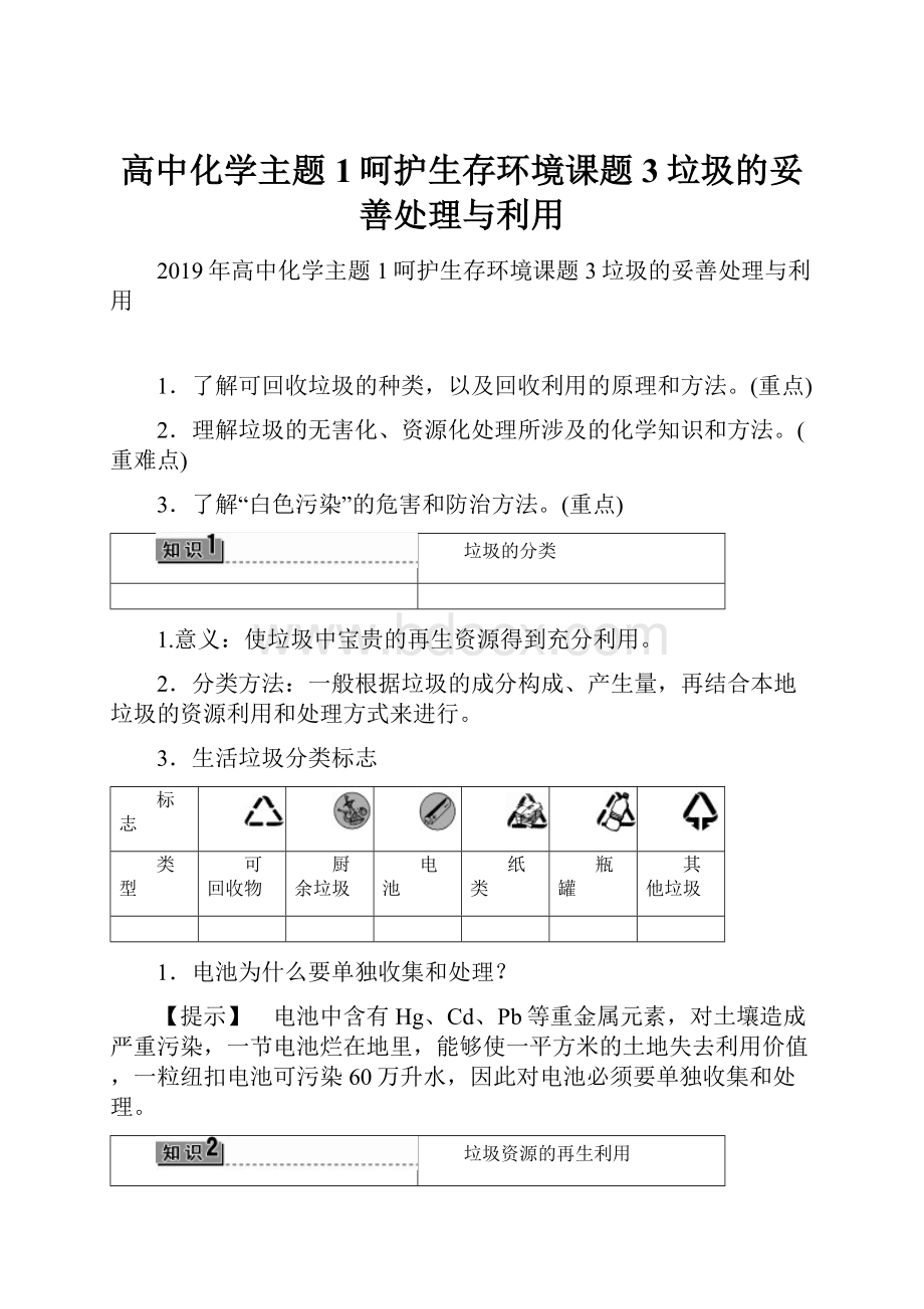 高中化学主题1呵护生存环境课题3垃圾的妥善处理与利用.docx_第1页