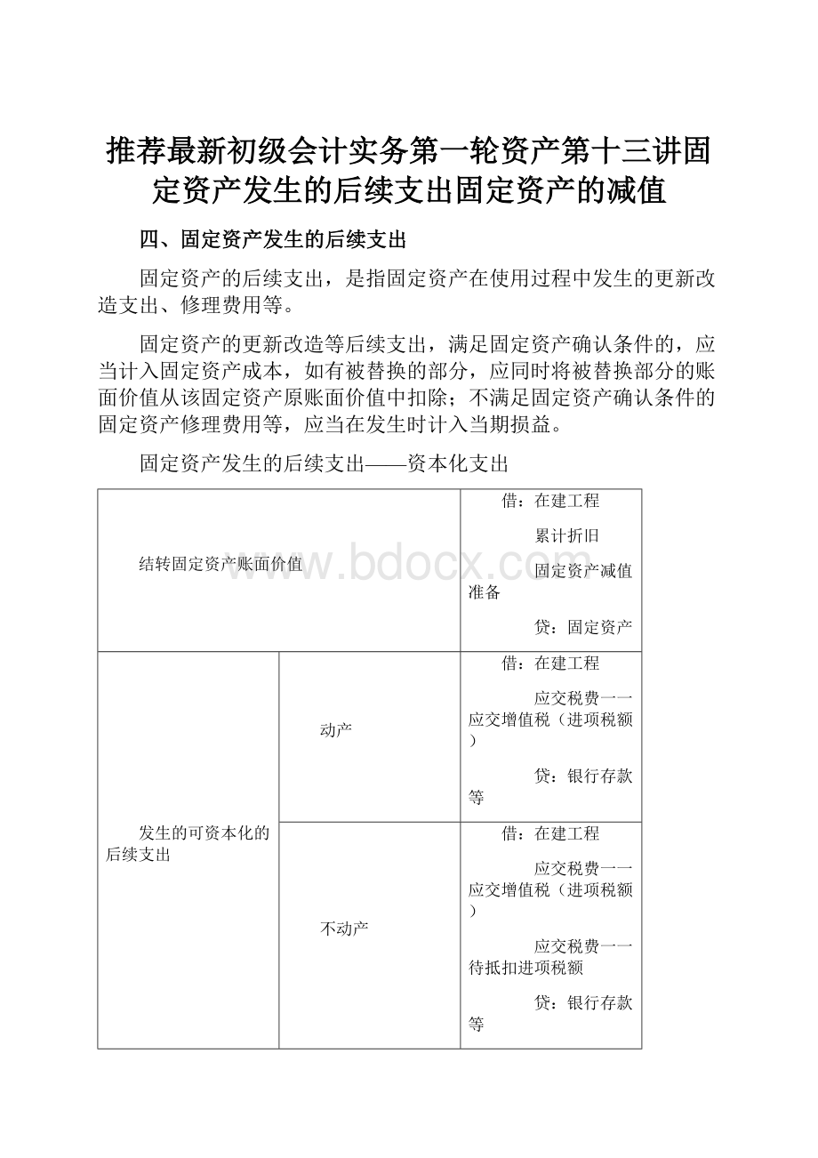 推荐最新初级会计实务第一轮资产第十三讲固定资产发生的后续支出固定资产的减值.docx_第1页