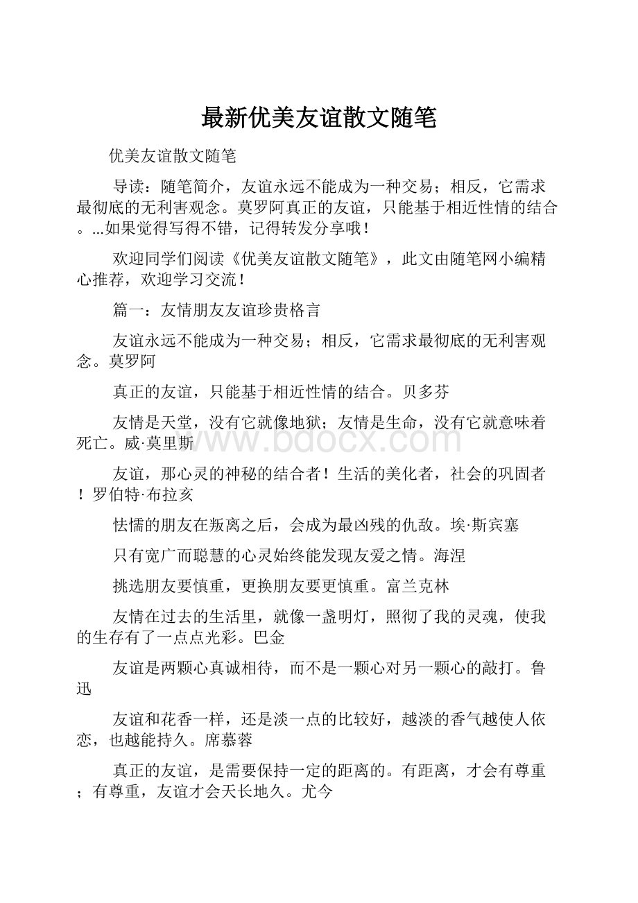 最新优美友谊散文随笔文档格式.docx