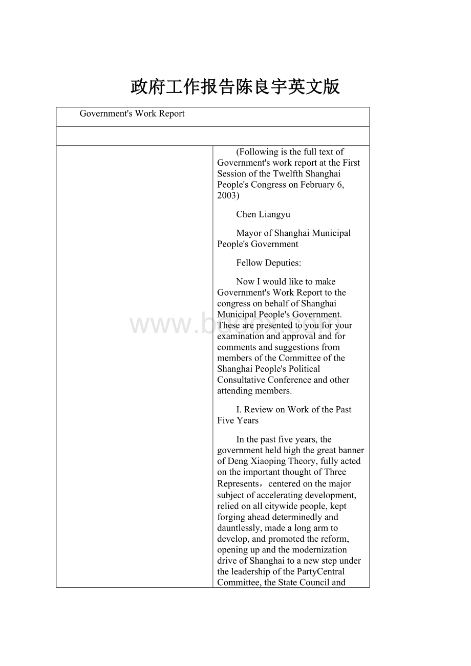 政府工作报告陈良宇英文版Word文件下载.docx