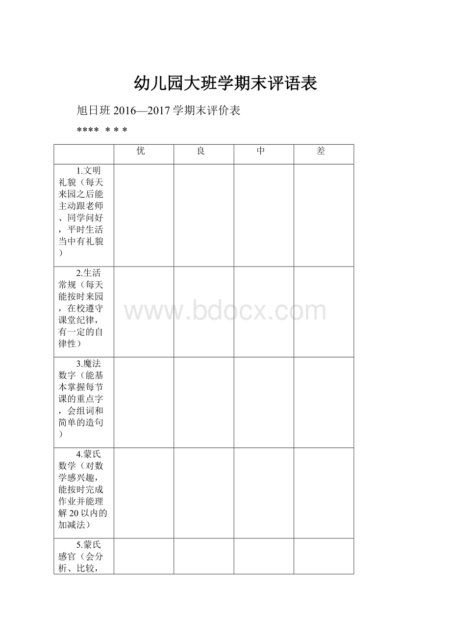 幼儿园大班学期末评语表文档格式.docx