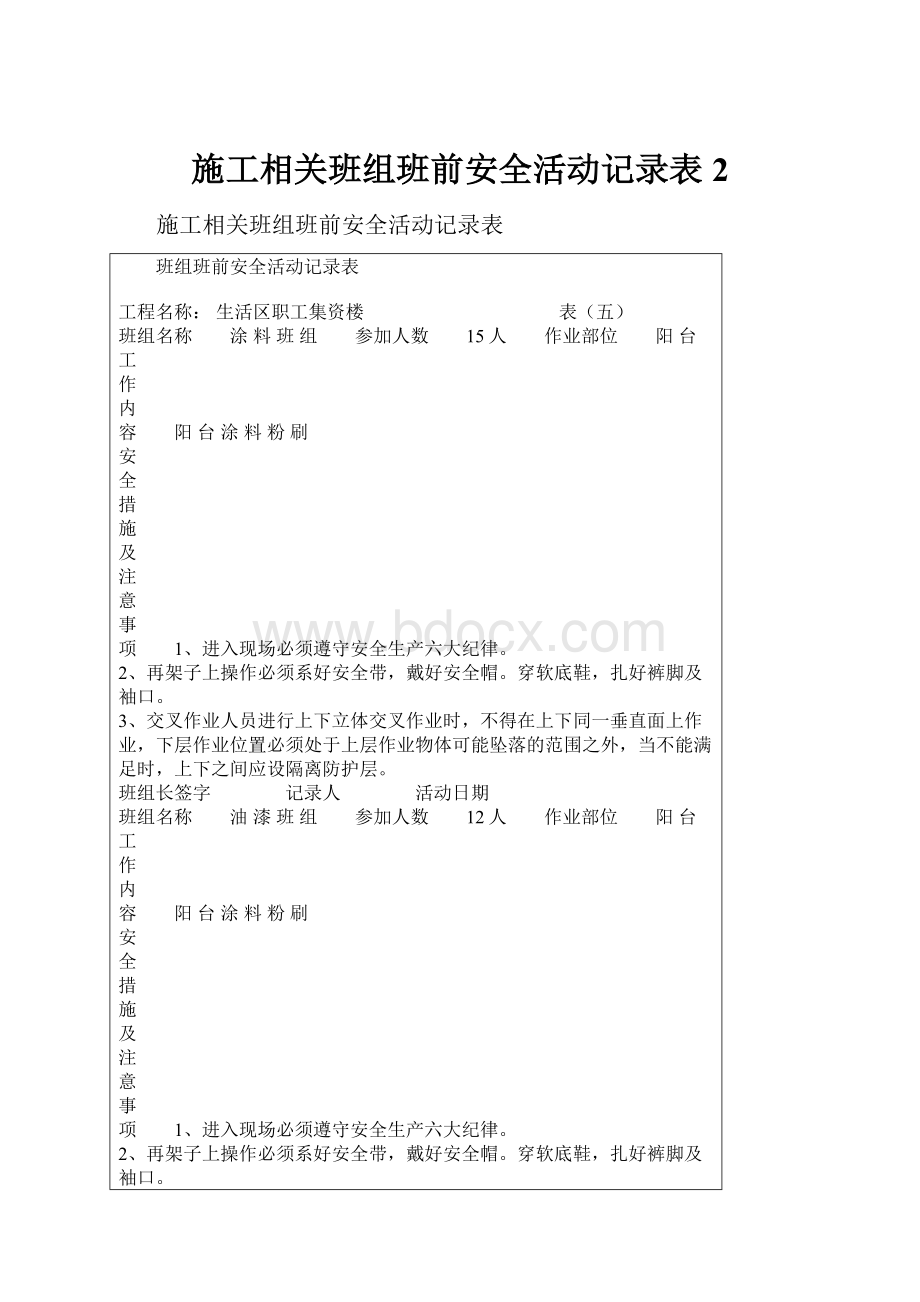 施工相关班组班前安全活动记录表2Word格式.docx