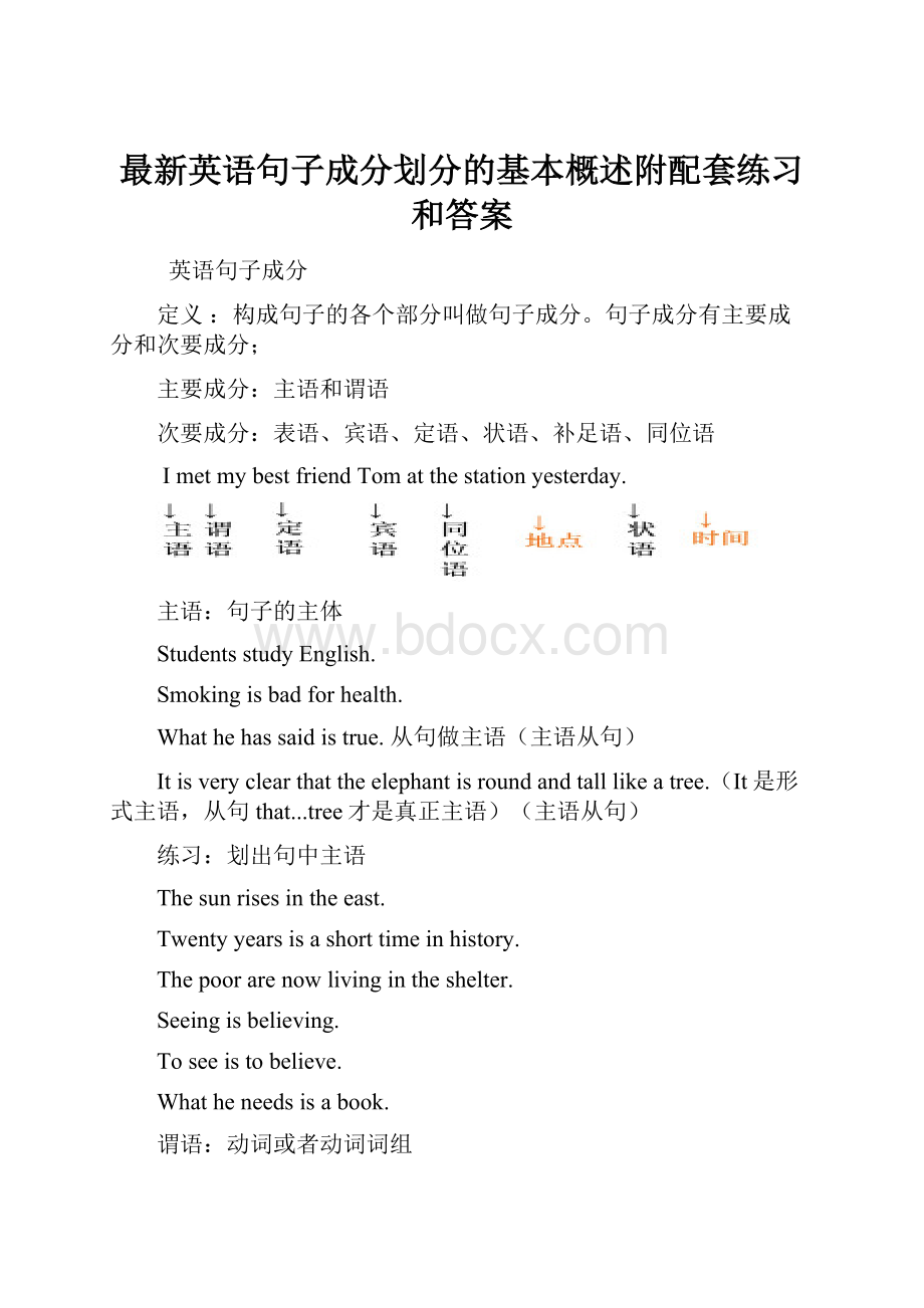 最新英语句子成分划分的基本概述附配套练习和答案.docx_第1页