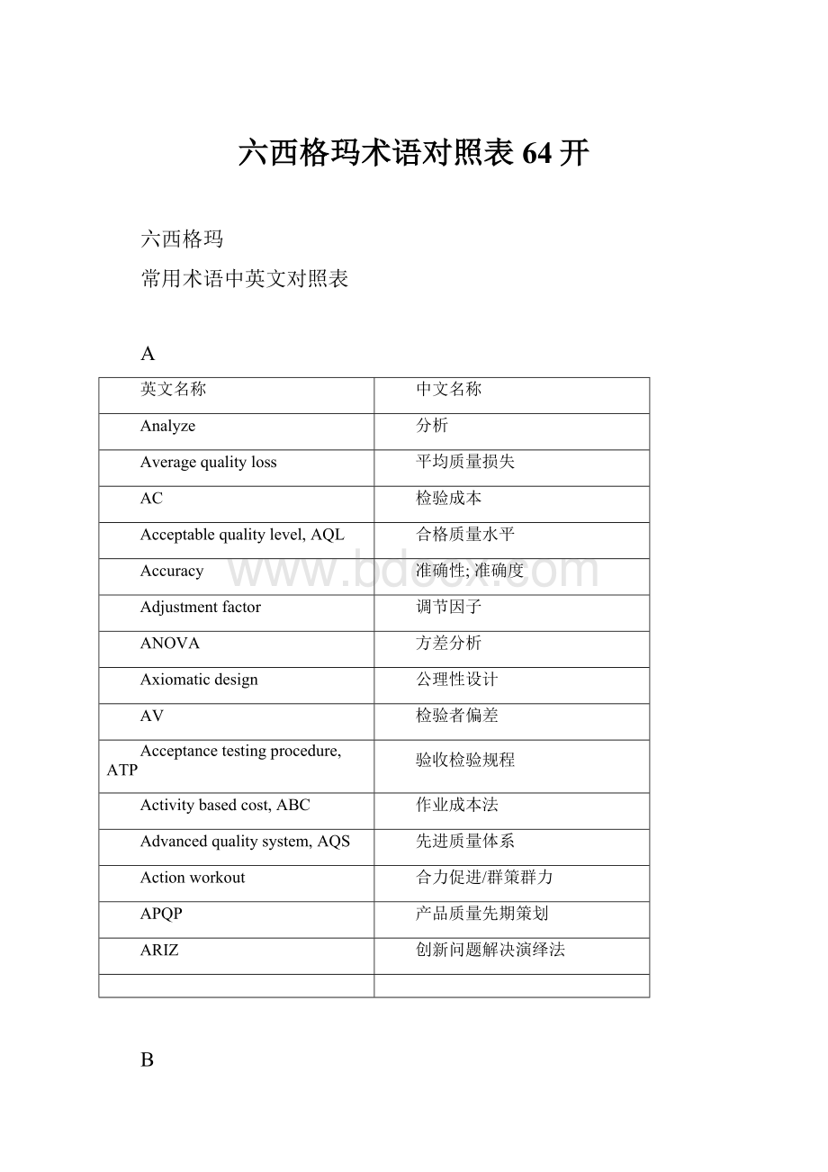 六西格玛术语对照表64开Word文档格式.docx