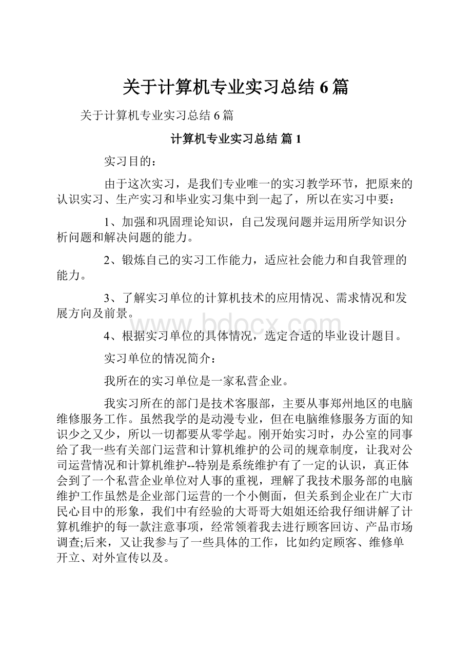 关于计算机专业实习总结6篇Word格式文档下载.docx