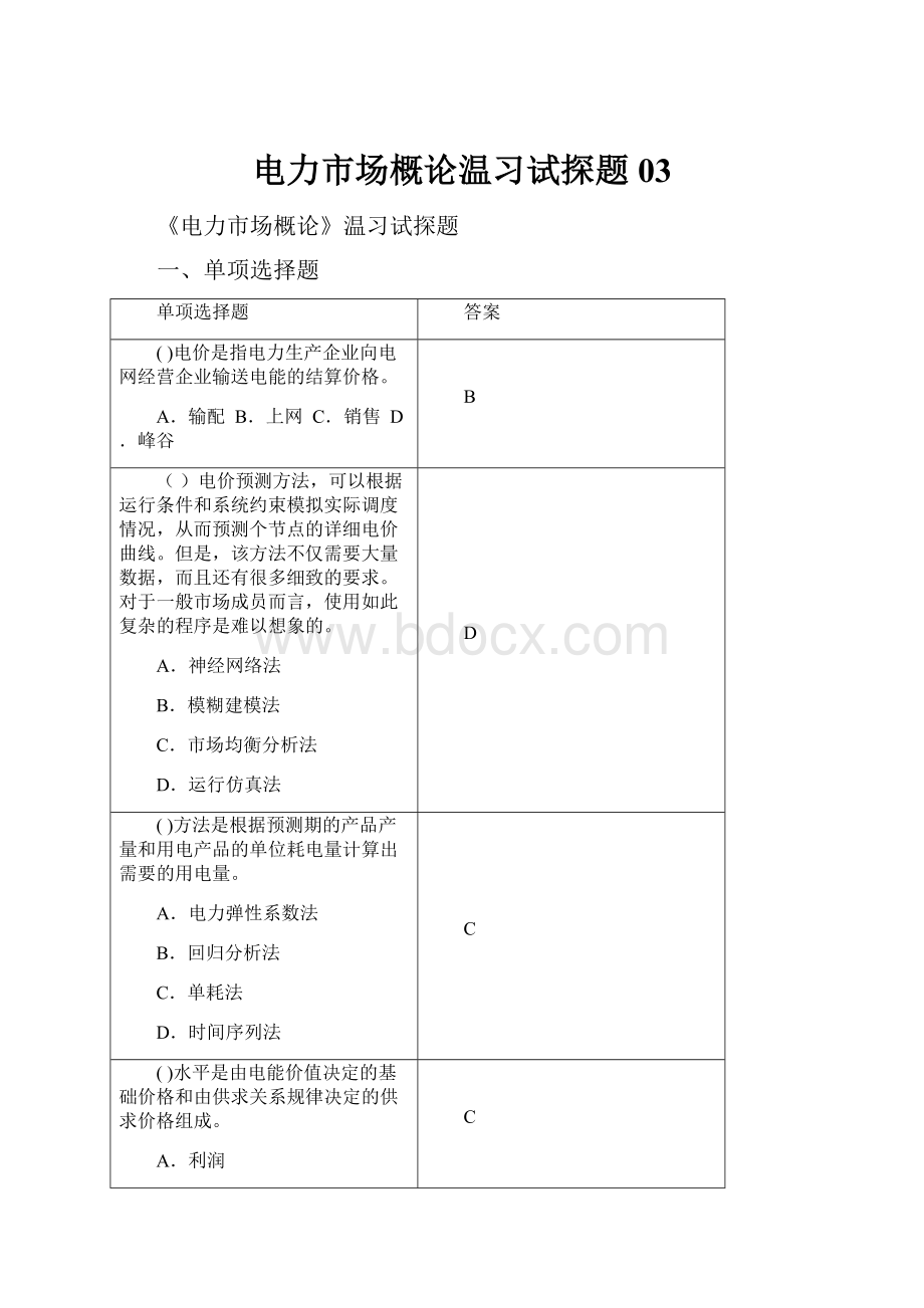 电力市场概论温习试探题03.docx