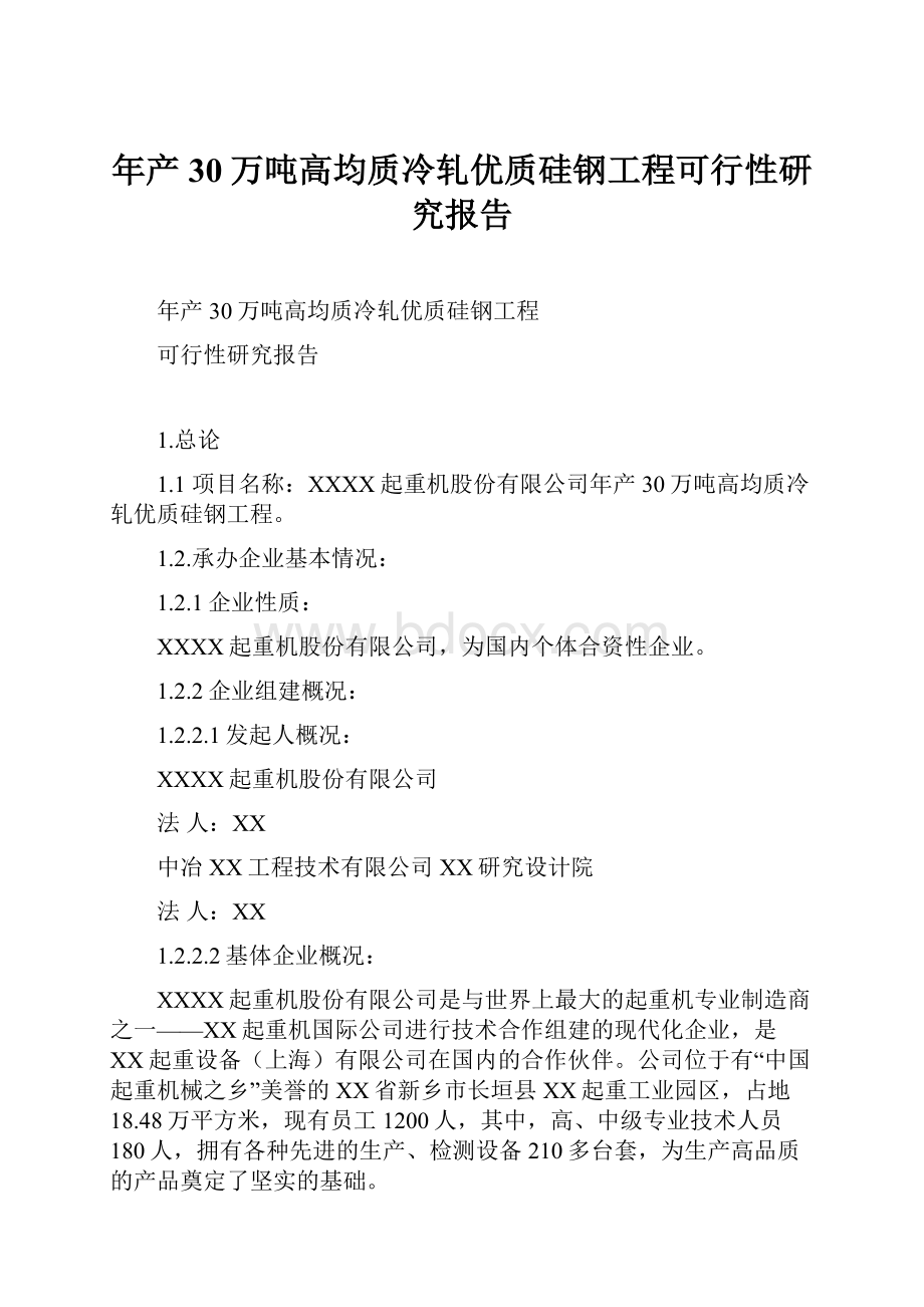 年产30万吨高均质冷轧优质硅钢工程可行性研究报告.docx_第1页