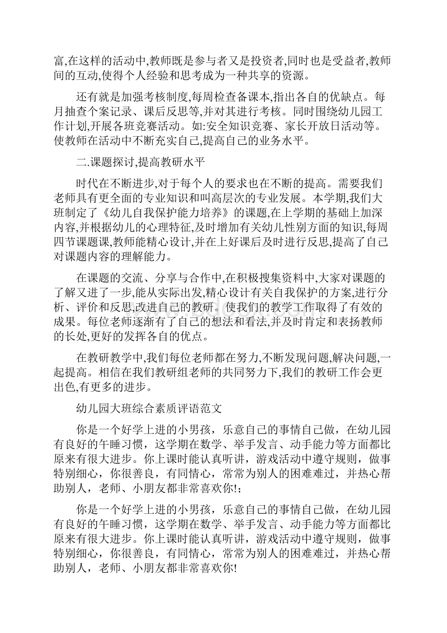 幼儿园大班组教研总结与幼儿园大班综合素质评语范文汇编.docx_第2页