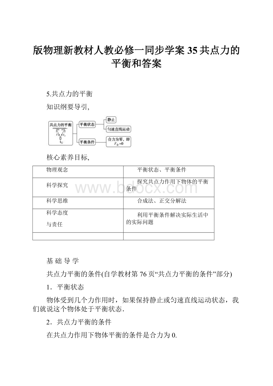 版物理新教材人教必修一同步学案35共点力的平衡和答案Word文档下载推荐.docx