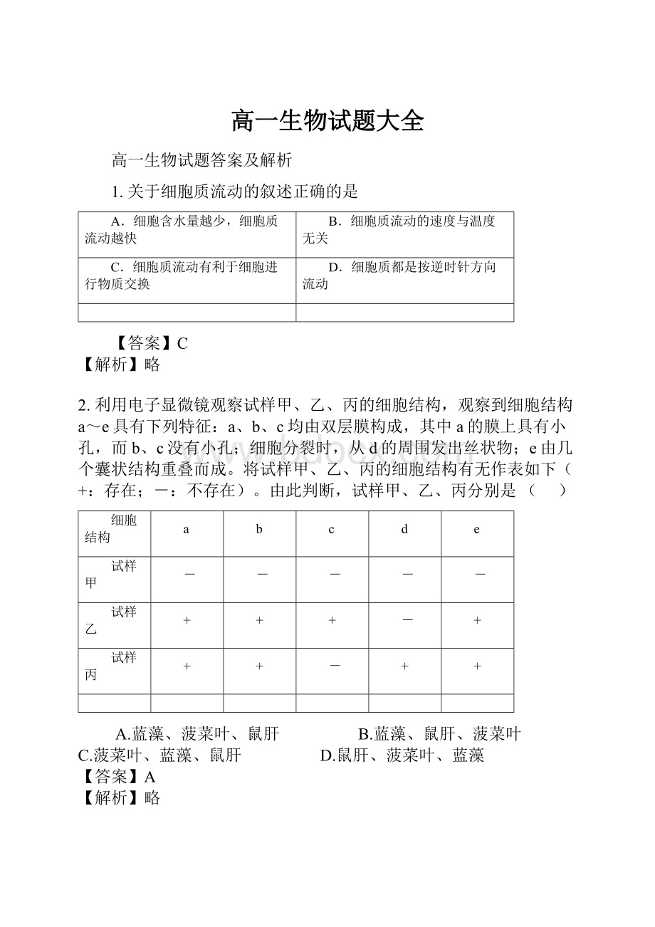 高一生物试题大全Word格式.docx_第1页