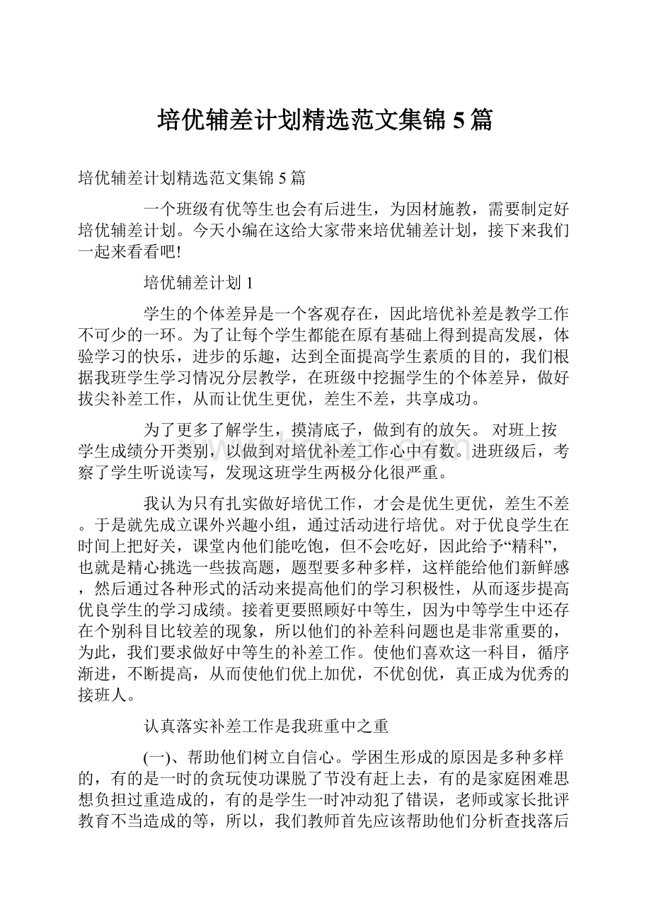 培优辅差计划精选范文集锦5篇Word文件下载.docx