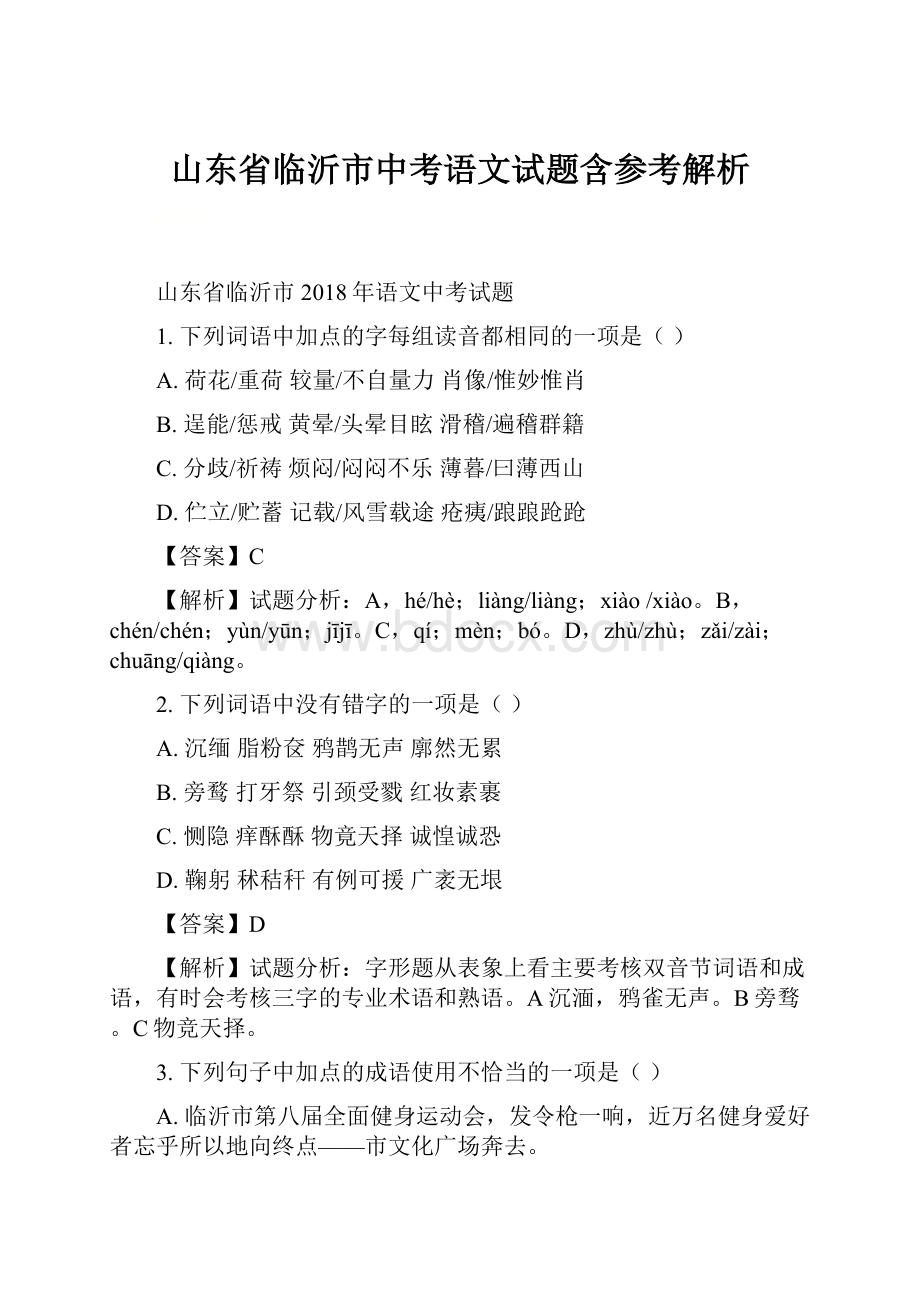 山东省临沂市中考语文试题含参考解析文档格式.docx