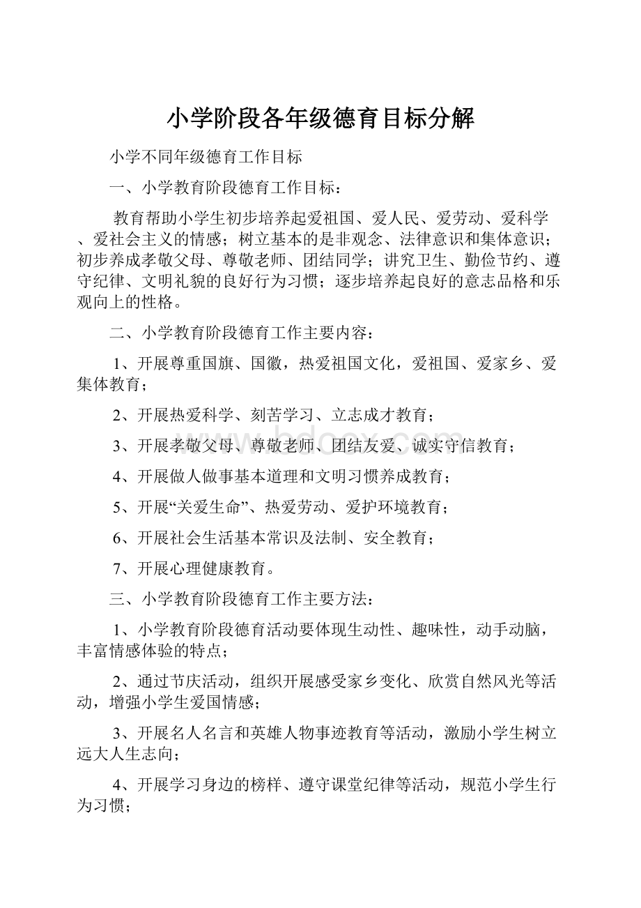 小学阶段各年级德育目标分解Word格式.docx