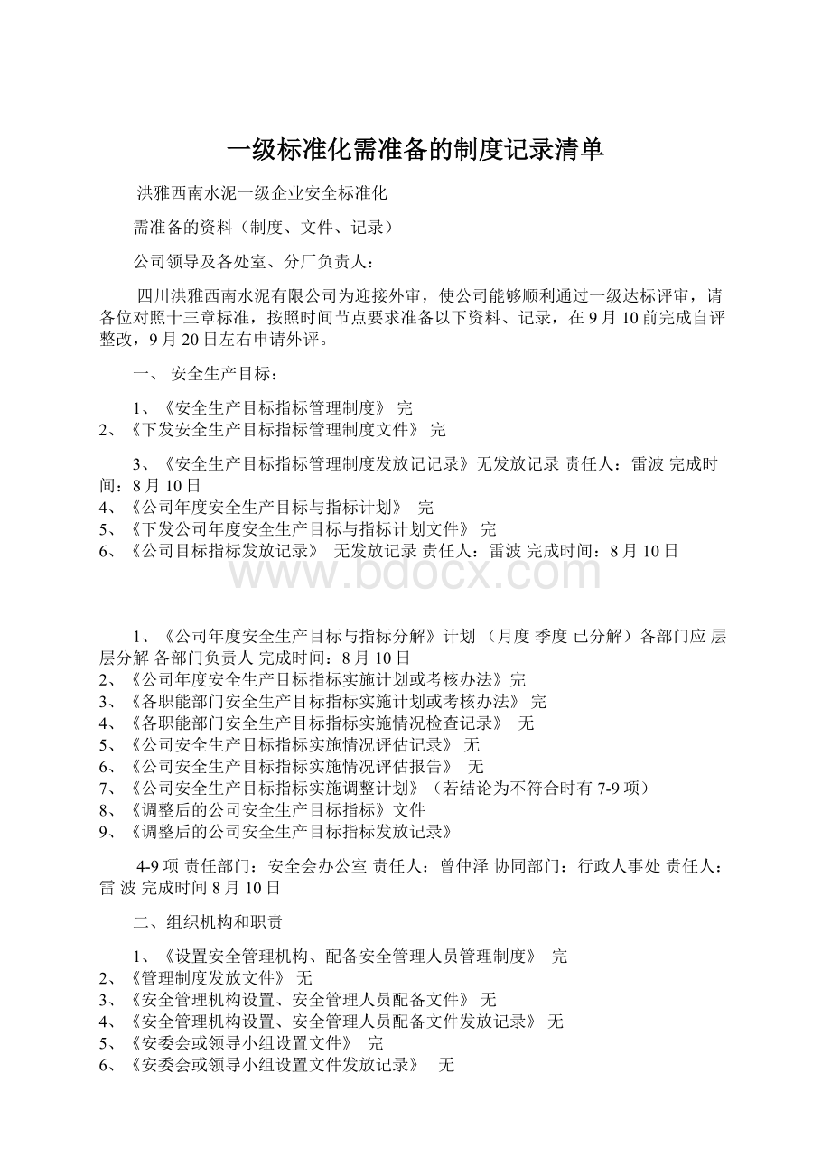 一级标准化需准备的制度记录清单Word文档格式.docx