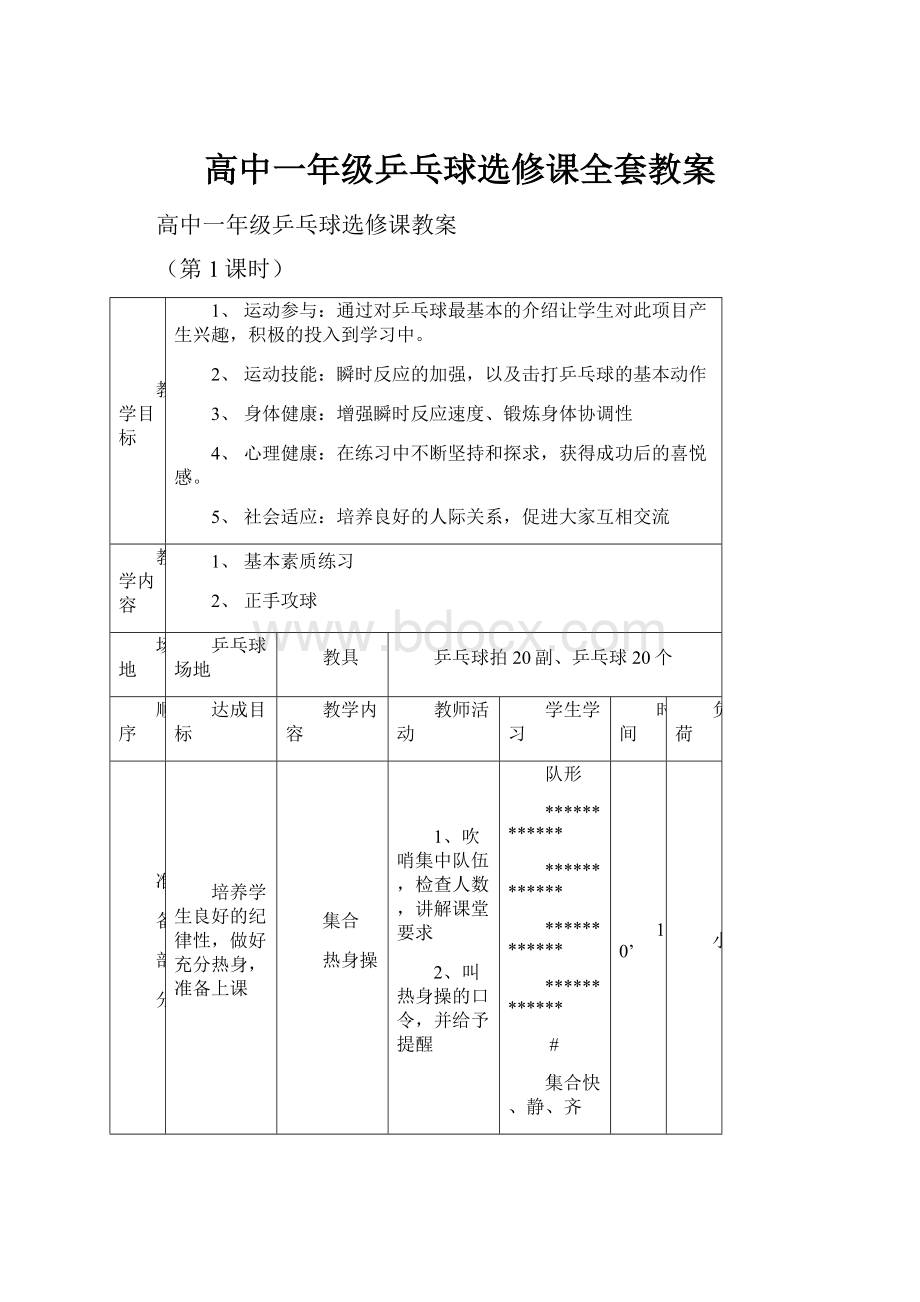 高中一年级乒乓球选修课全套教案.docx