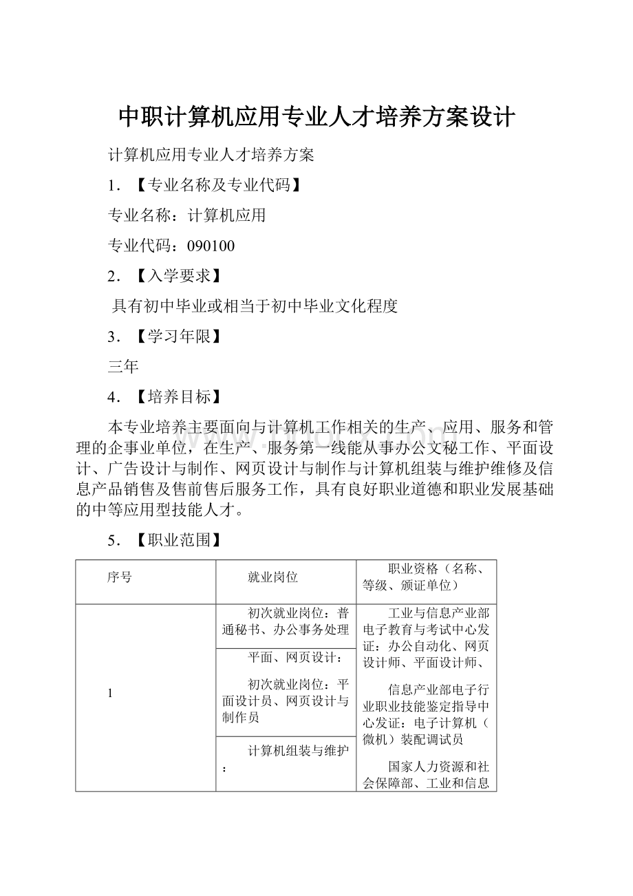 中职计算机应用专业人才培养方案设计Word文档格式.docx_第1页