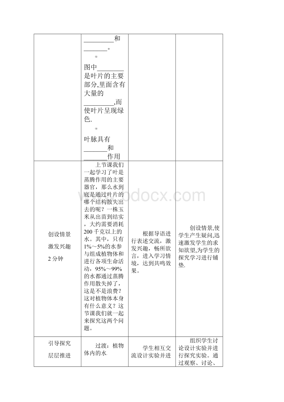 济南版生物七年级上册《绿色植物的蒸腾作用》第二课时表格式教案附教学反思.docx_第3页