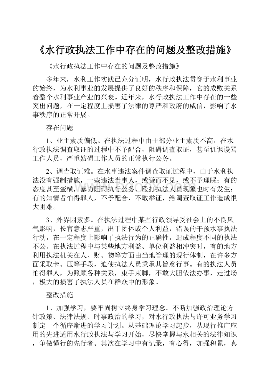 《水行政执法工作中存在的问题及整改措施》Word文档格式.docx