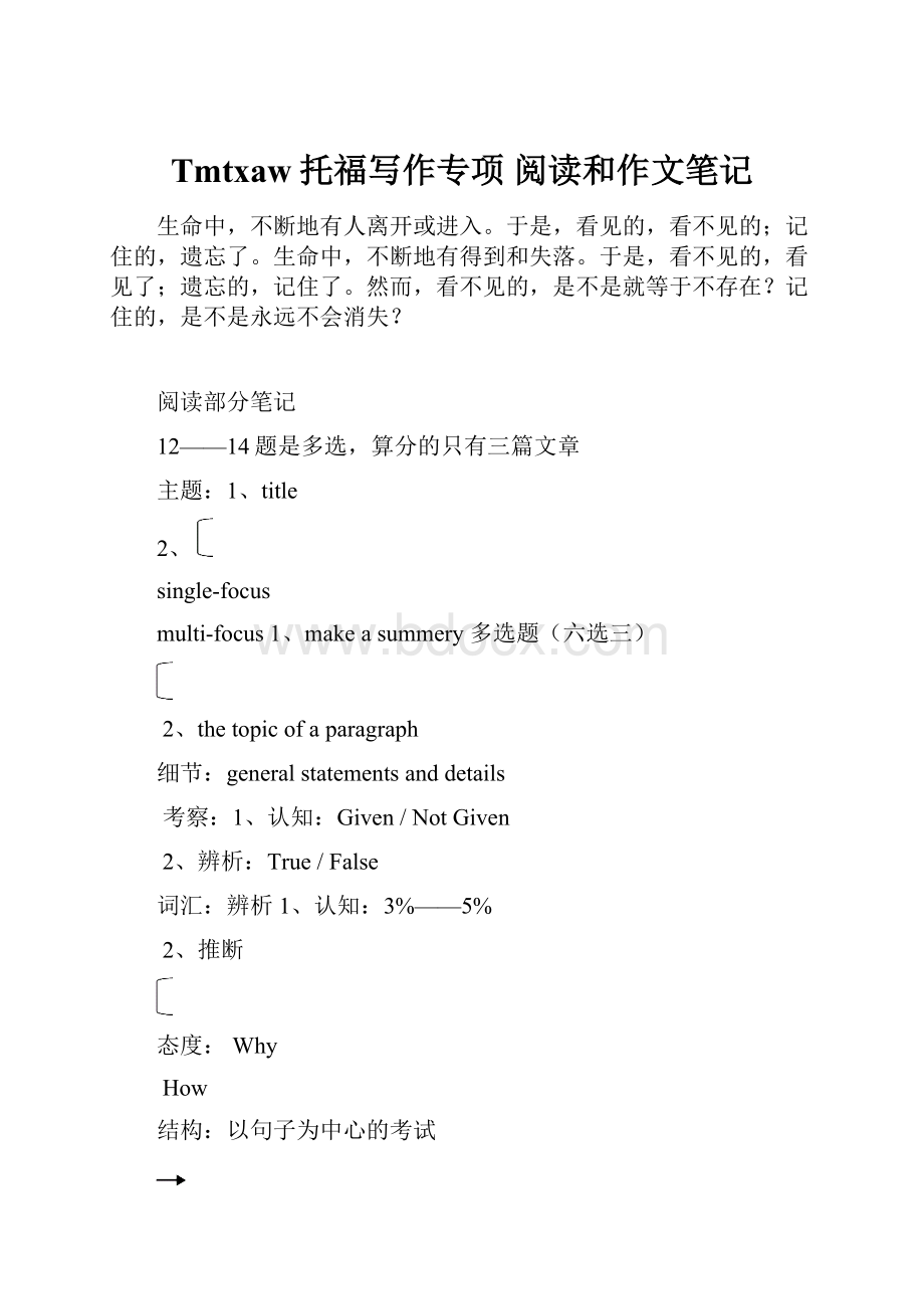 Tmtxaw托福写作专项 阅读和作文笔记Word文件下载.docx_第1页