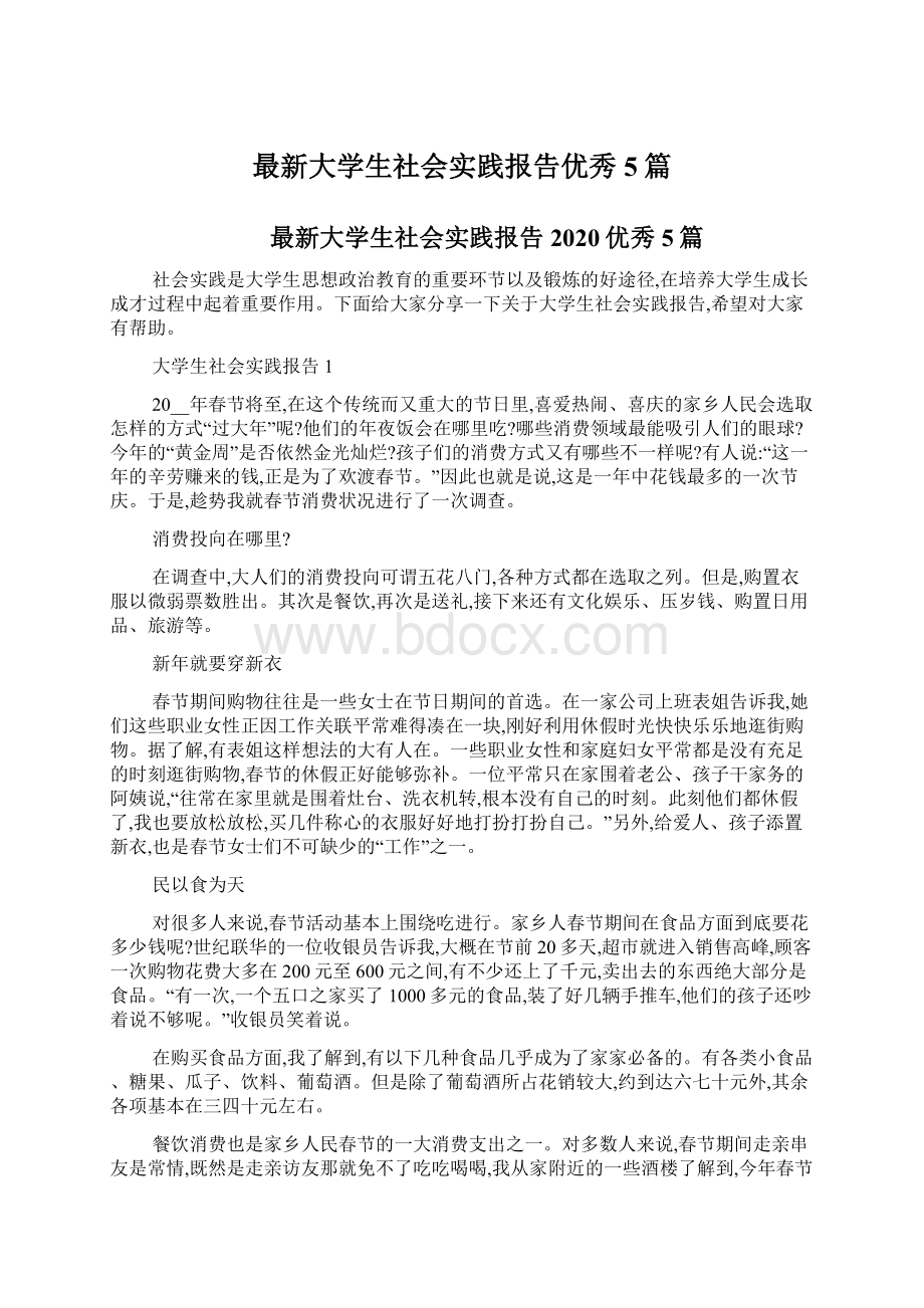 最新大学生社会实践报告优秀5篇Word文件下载.docx