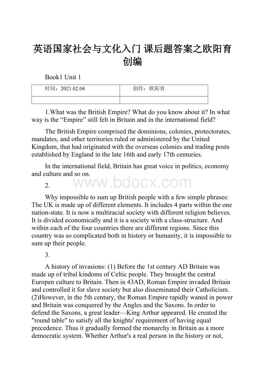 英语国家社会与文化入门 课后题答案之欧阳育创编.docx_第1页