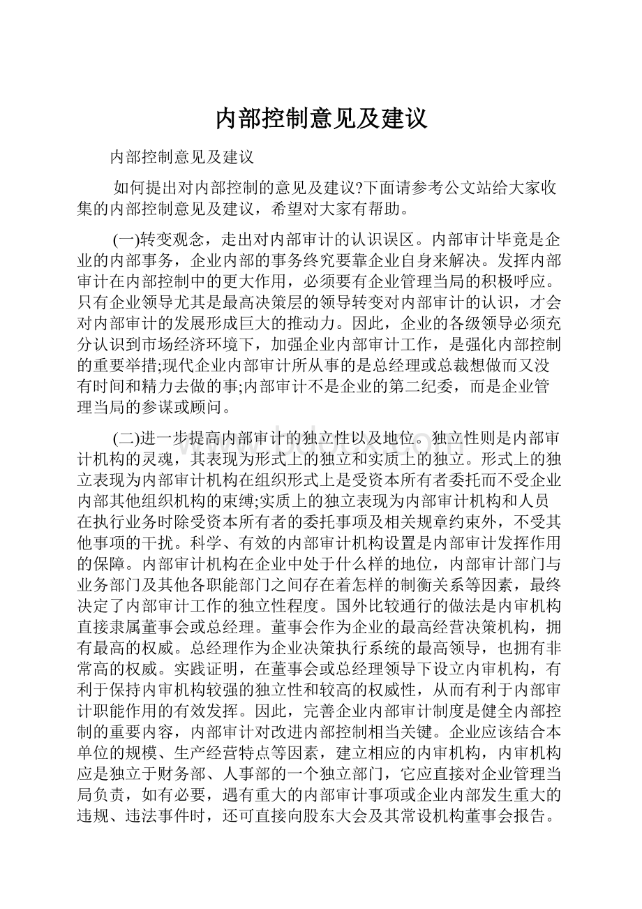 内部控制意见及建议文档格式.docx