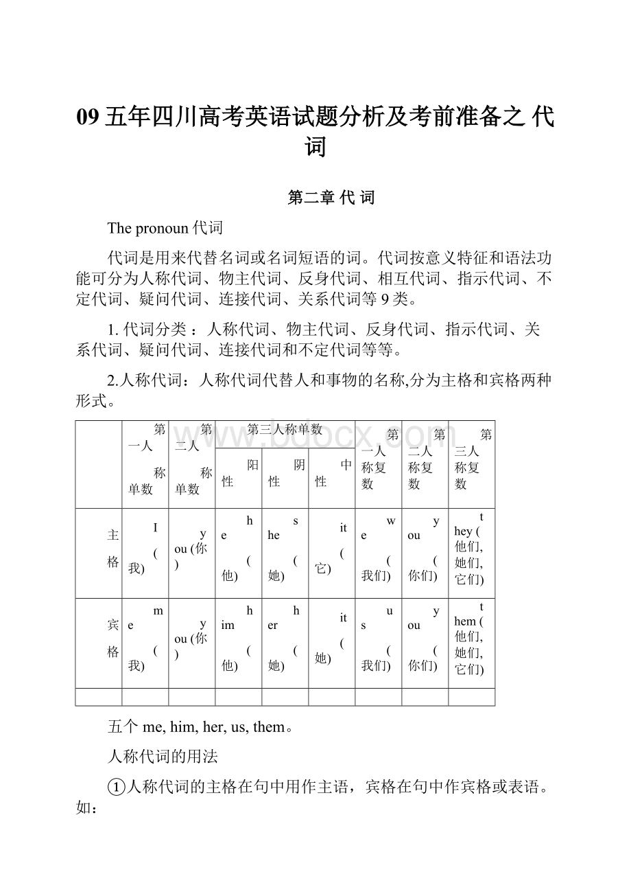 09五年四川高考英语试题分析及考前准备之 代 词Word格式文档下载.docx