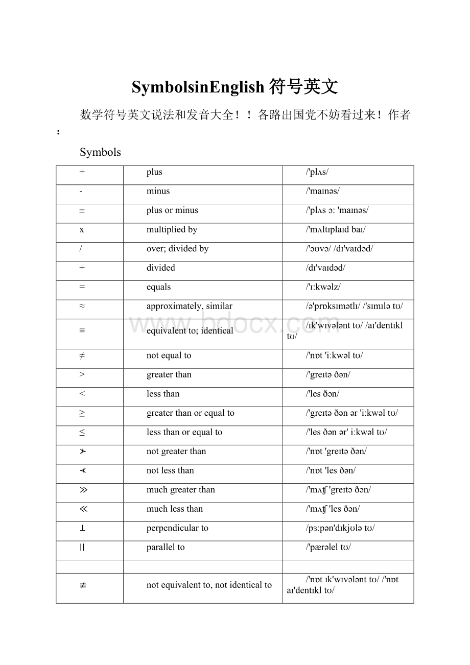 SymbolsinEnglish符号英文.docx_第1页