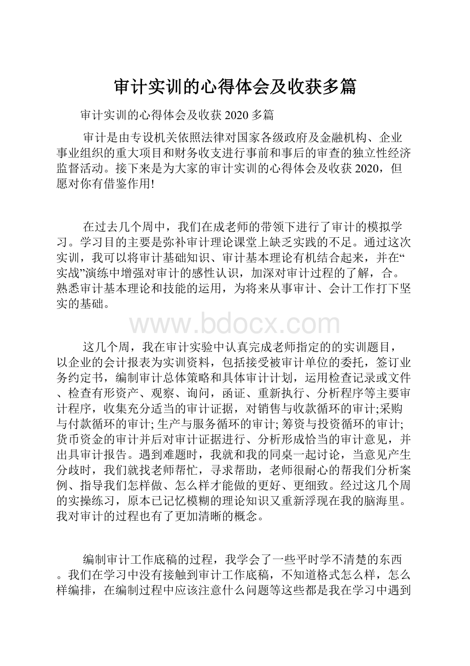 审计实训的心得体会及收获多篇Word文档下载推荐.docx