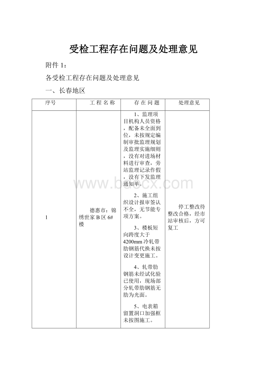 受检工程存在问题及处理意见.docx