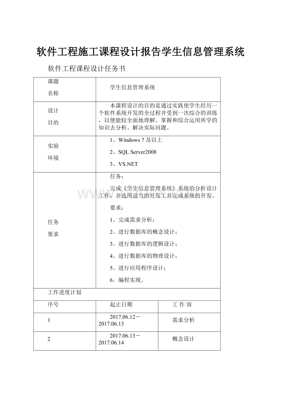 软件工程施工课程设计报告学生信息管理系统.docx