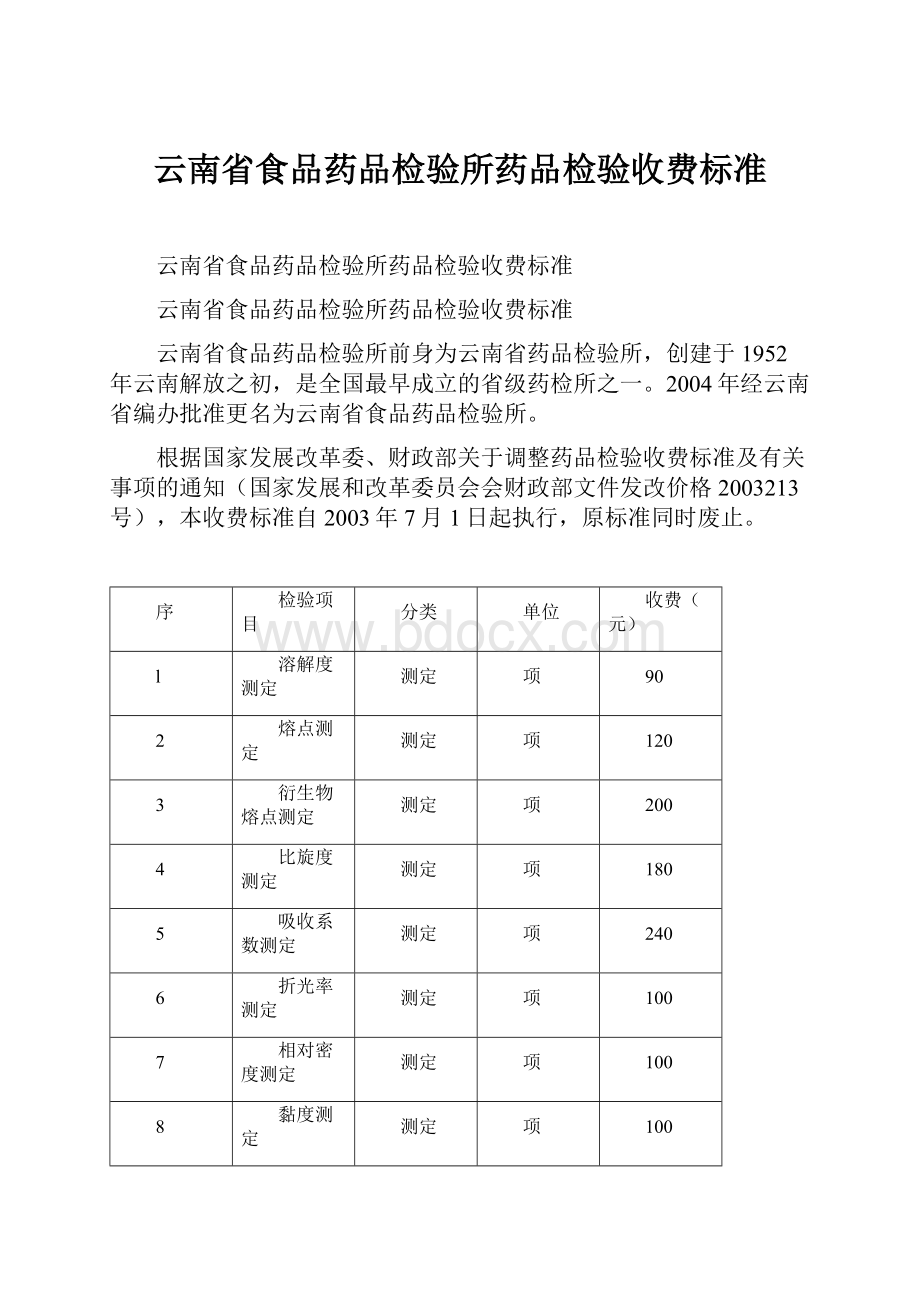 云南省食品药品检验所药品检验收费标准.docx_第1页