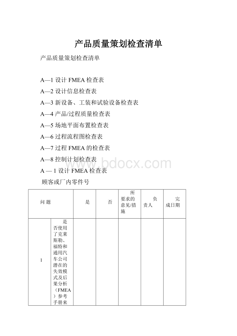 产品质量策划检查清单Word文档格式.docx_第1页