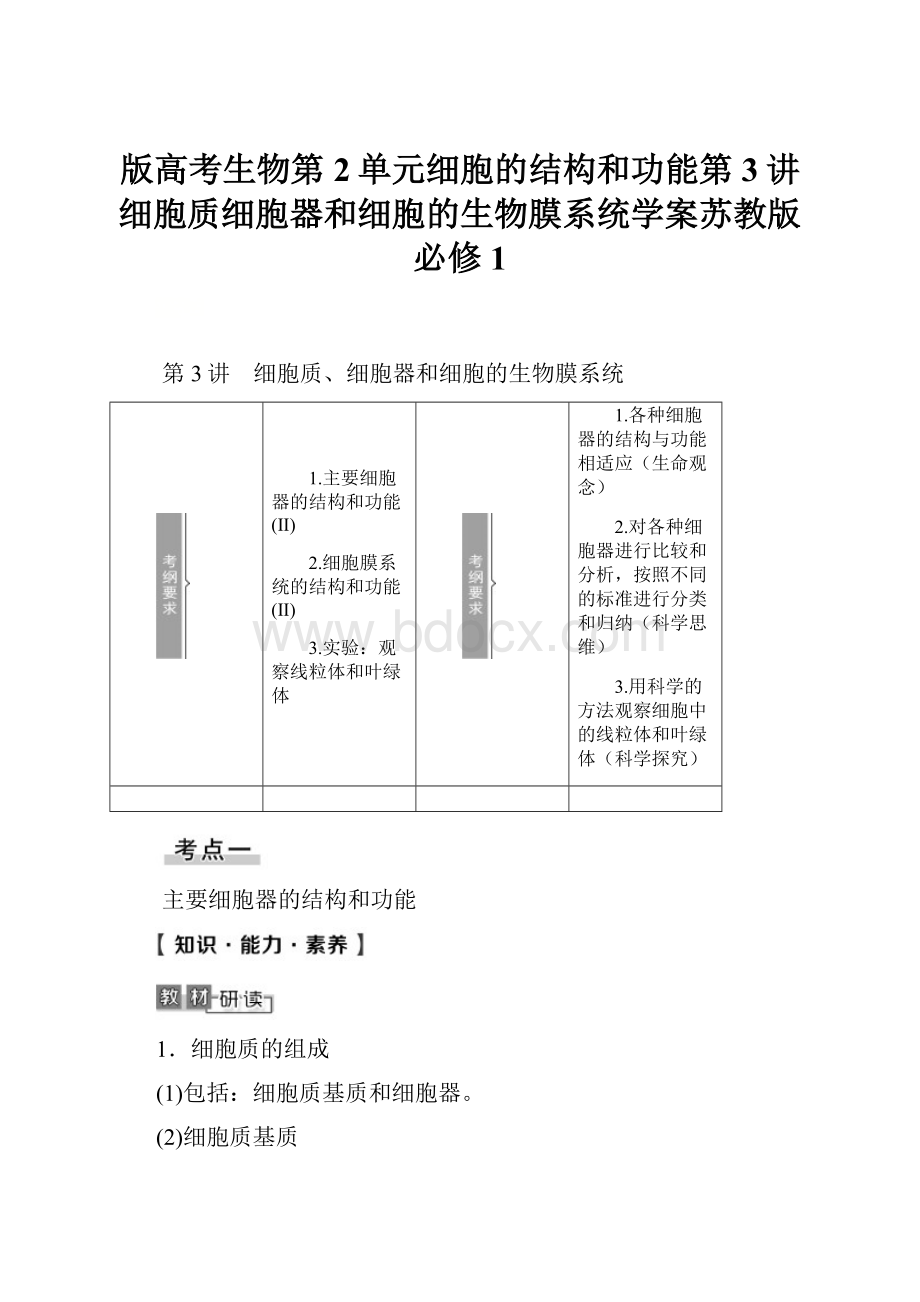 版高考生物第2单元细胞的结构和功能第3讲细胞质细胞器和细胞的生物膜系统学案苏教版必修1Word下载.docx