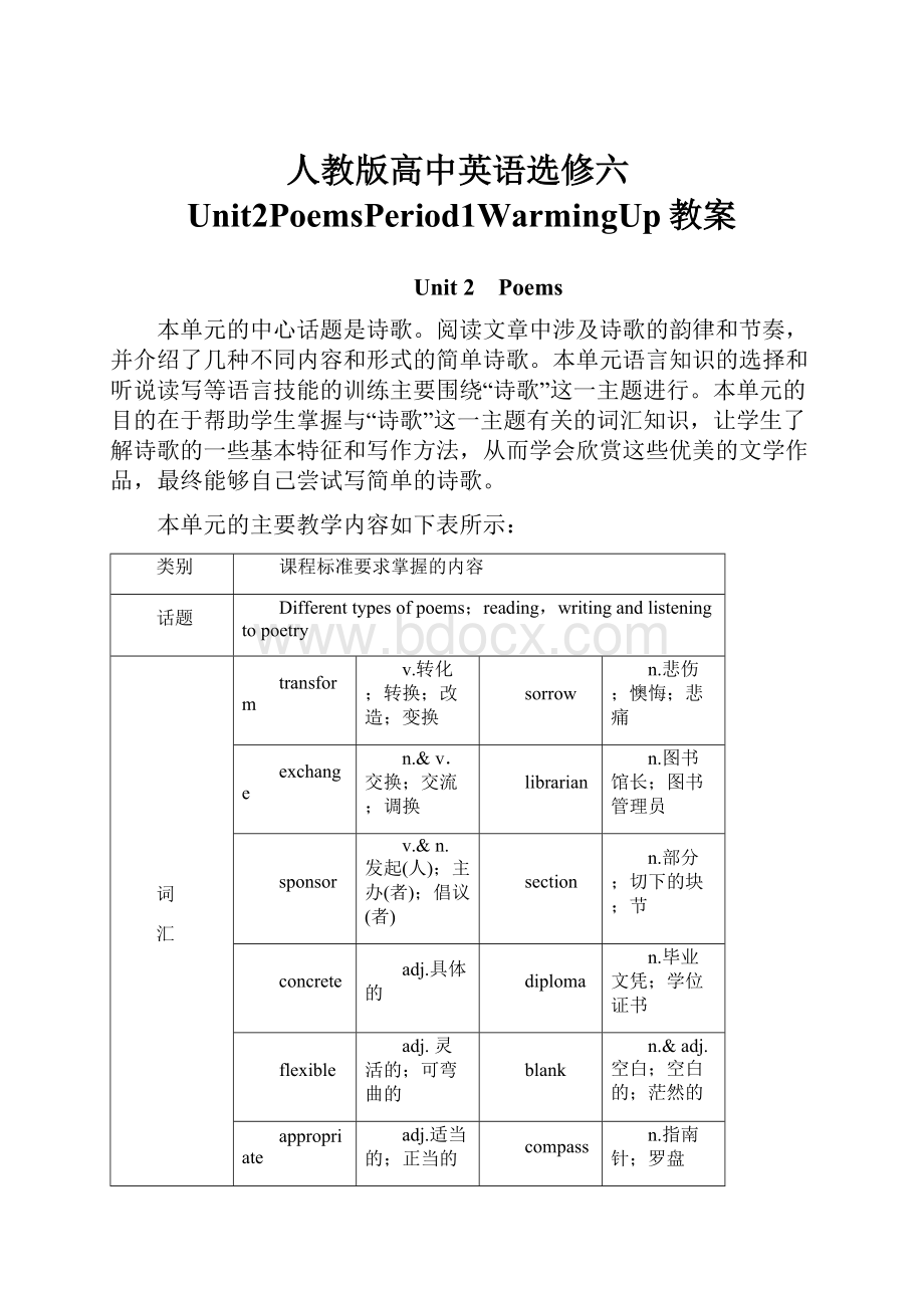 人教版高中英语选修六Unit2PoemsPeriod1WarmingUp教案.docx