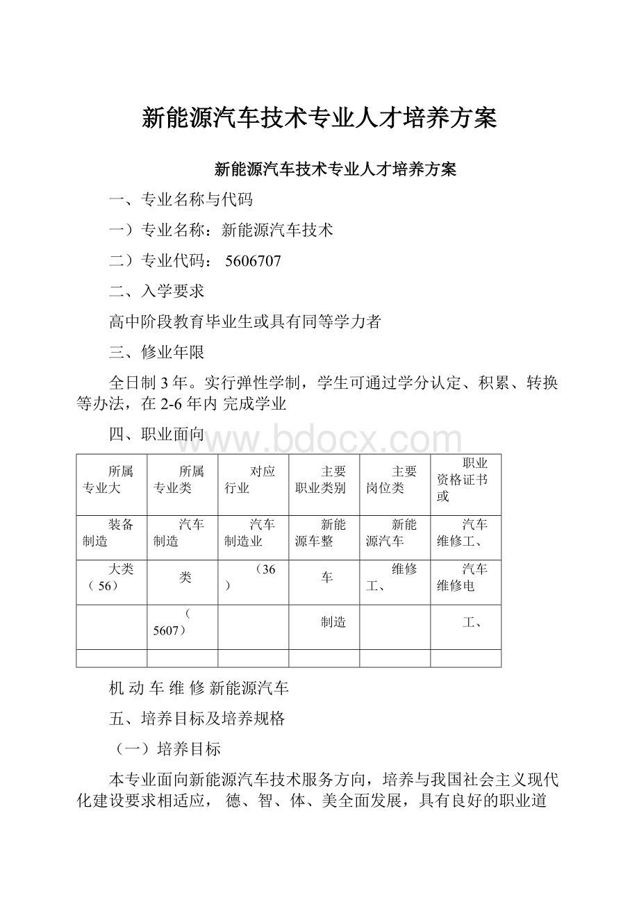 新能源汽车技术专业人才培养方案Word格式文档下载.docx