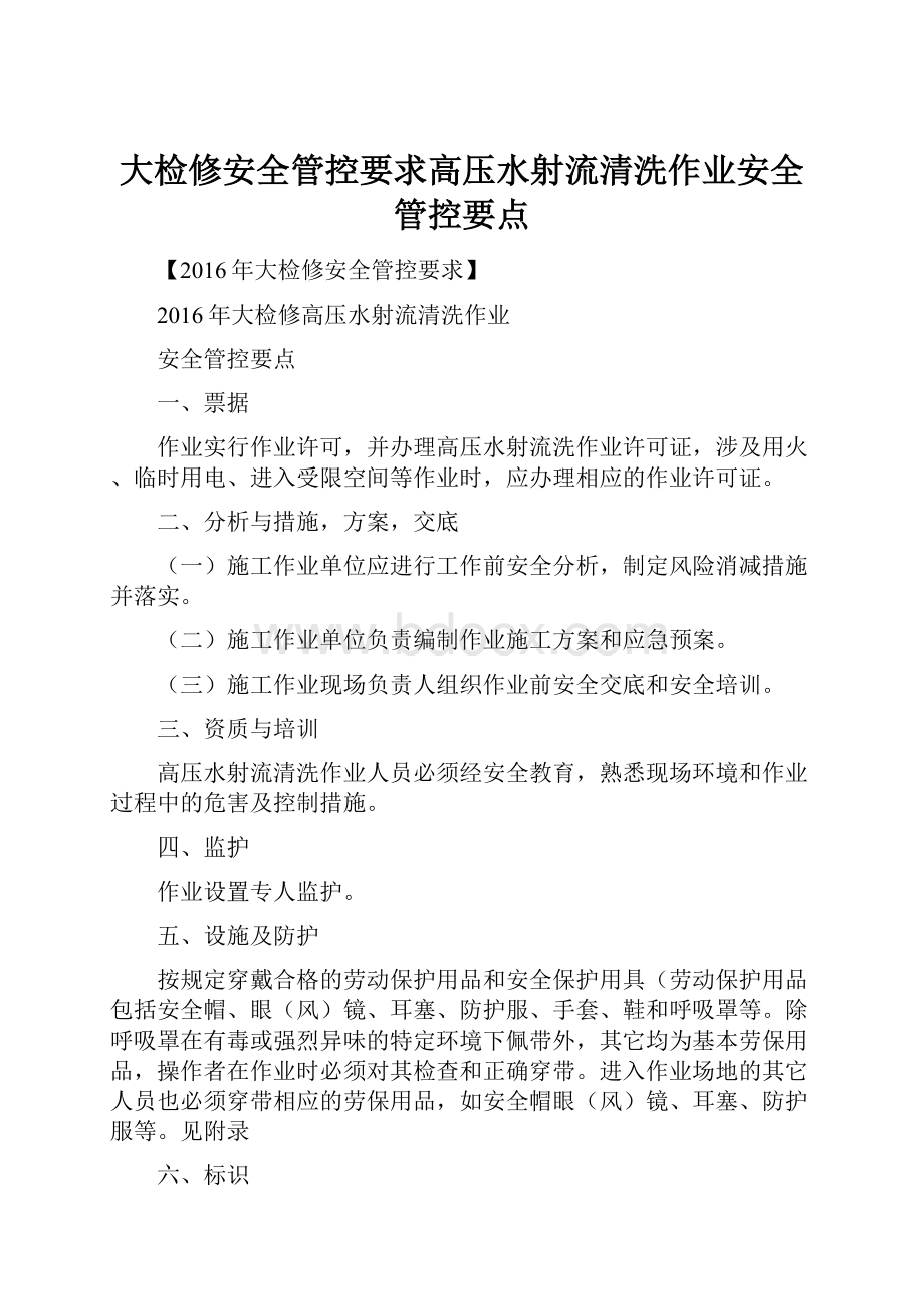 大检修安全管控要求高压水射流清洗作业安全管控要点Word格式文档下载.docx