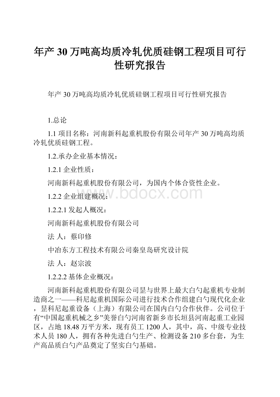 年产30万吨高均质冷轧优质硅钢工程项目可行性研究报告.docx_第1页