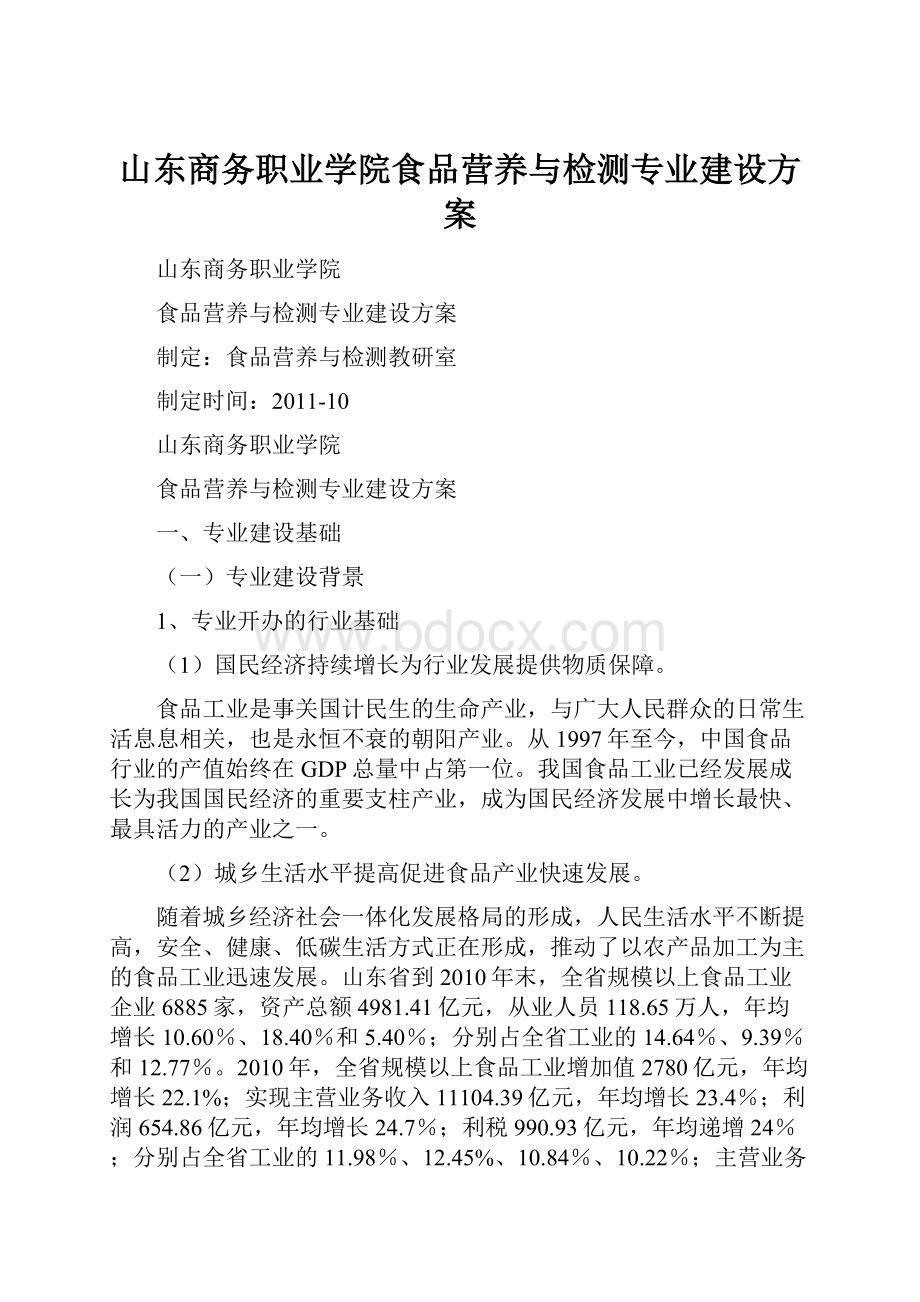 山东商务职业学院食品营养与检测专业建设方案.docx