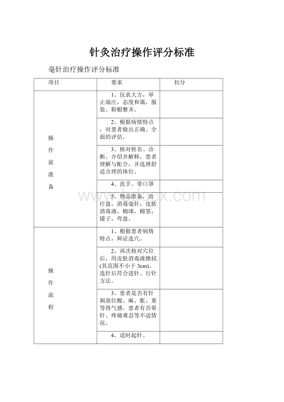 针灸治疗操作评分标准Word文件下载.docx_第1页