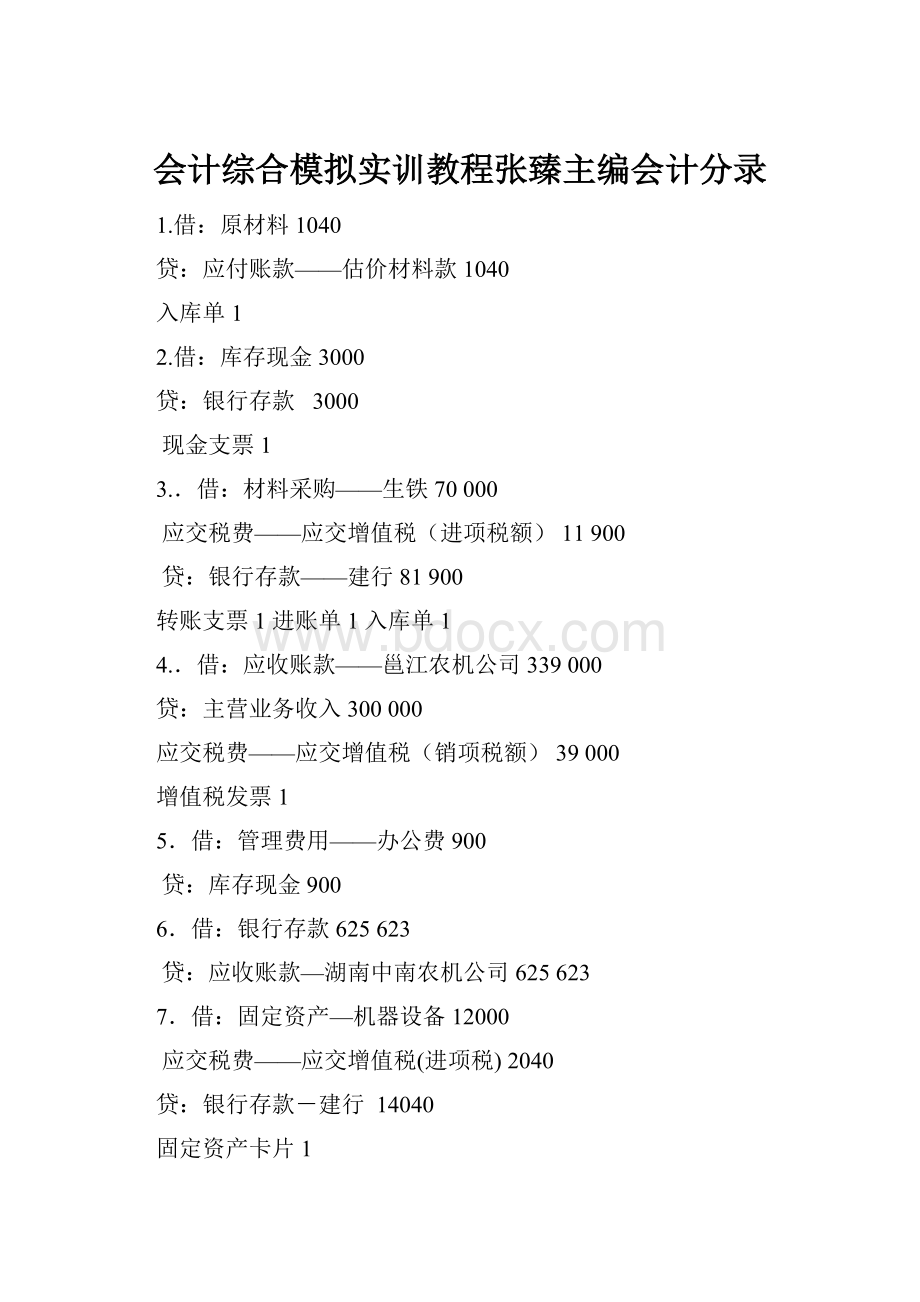 会计综合模拟实训教程张臻主编会计分录.docx