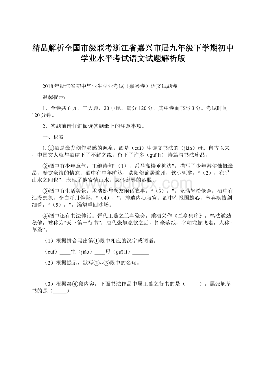 精品解析全国市级联考浙江省嘉兴市届九年级下学期初中学业水平考试语文试题解析版Word下载.docx_第1页