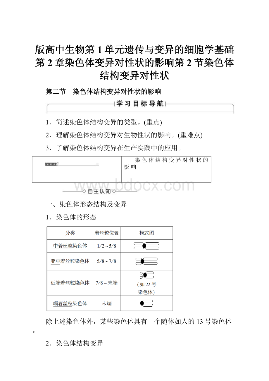 版高中生物第1单元遗传与变异的细胞学基础第2章染色体变异对性状的影响第2节染色体结构变异对性状.docx